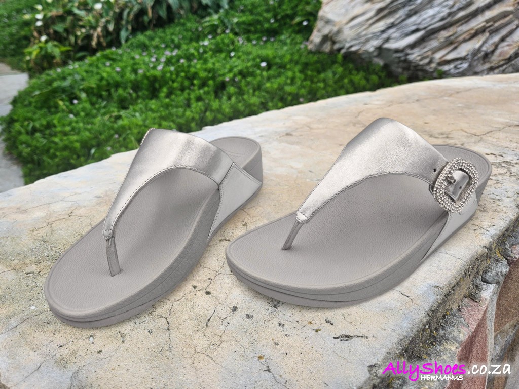 Fitflop, Lulu Crystal Buckle Toe Post, Silver